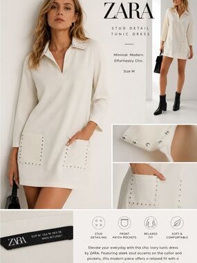 ZARA Ivory Stud-Detail Tunic Mini Dress